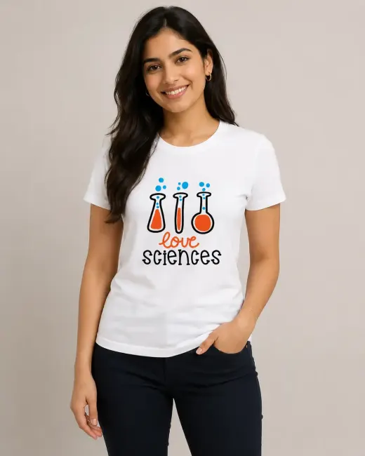 Unisex "Love Sciences" chemistry graphic classic crew t-shirt with chemistry-themed typography and molecular heart illustration