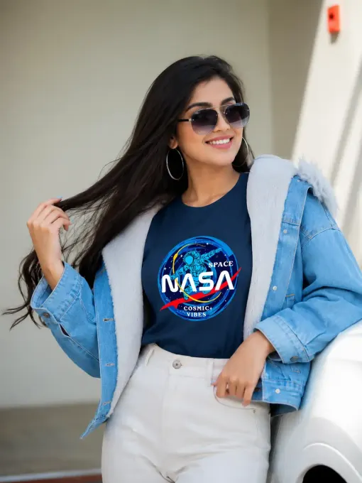 Unisex NASA Cosmic Vibes graphic classic crew t-shirt showcasing the printed space-inspired design