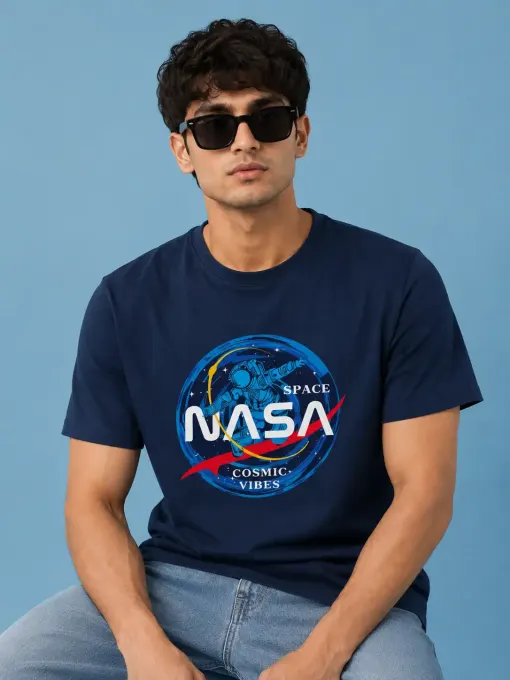 Unisex NASA Cosmic Vibes graphic crew t-shirt, front view with bold space-themed print