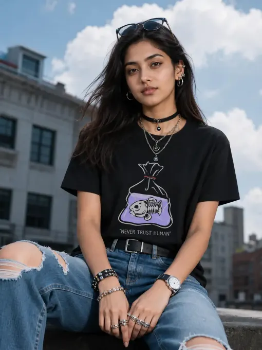 Unisex oversized crew t-shirt featuring “Never Trust Human” slogan with a stylized fish graphic