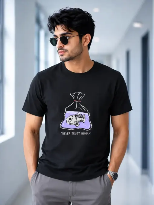 Unisex oversized crew-neck t-shirt featuring a bold 'Never Trust Human' text and stylized fish graphic on the front.