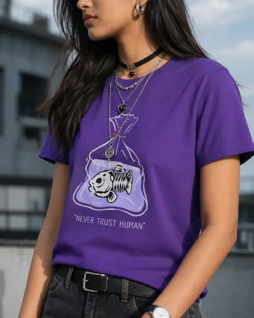 Unisex classic crew t-shirt with bold fish graphic and 'Never Trust Human' text across the chest