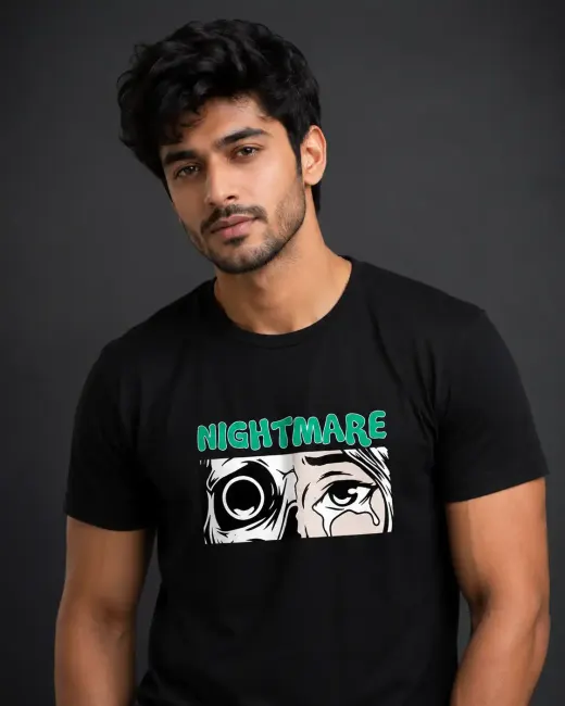 Unisex oversized black crew t-shirt featuring a bold comic-style eye graphic with 'Nightmare' text