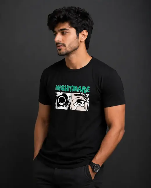 Unisex "Nightmare" comic-style eye graphic on a classic crew t-shirt, front view