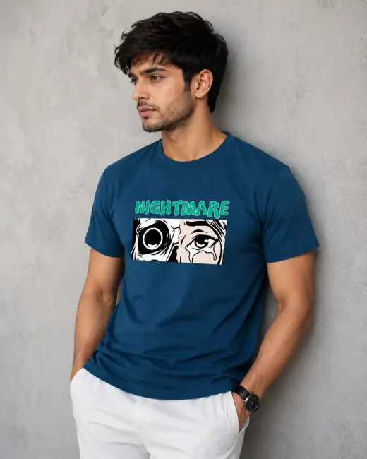 Unisex "Nightmare" comic eye graphic crew t-shirt, front view