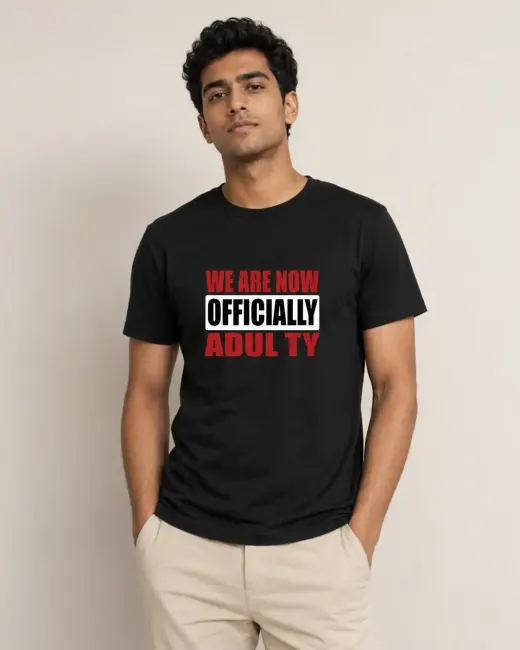 Unisex classic crew t-shirt with bold 'Officially Adulty' typography printed across the chest, shown flat against a neutral background.