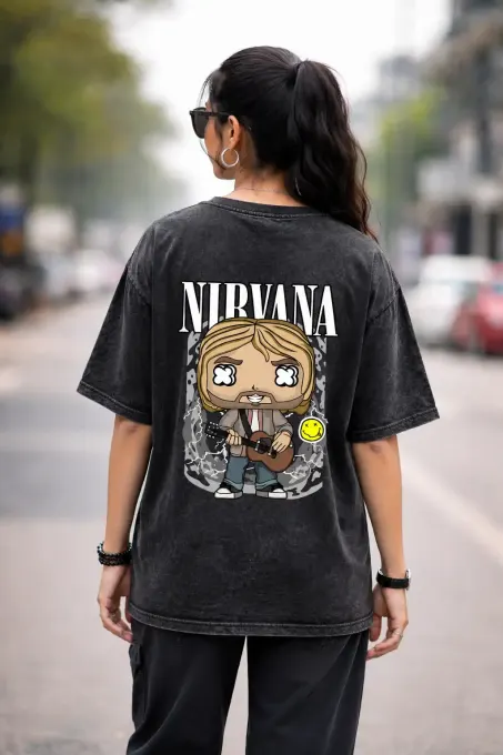 Unisex oversize Nirvana acid-washed t-shirt with faded logo and relaxed fit