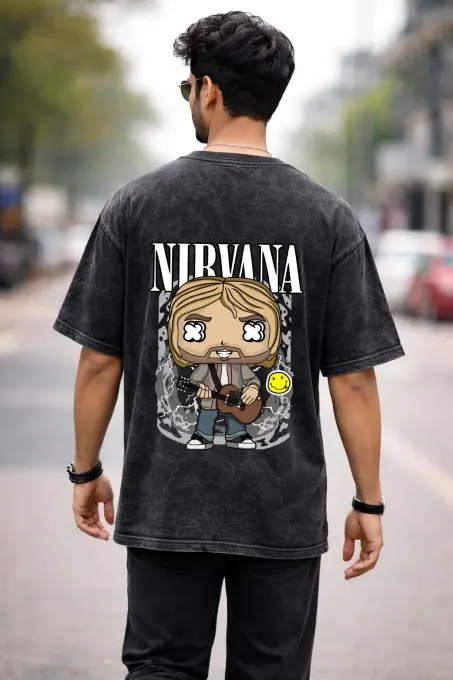 Unisex oversize Nirvana acid-washed t-shirt in faded black with relaxed drop-shoulder fit