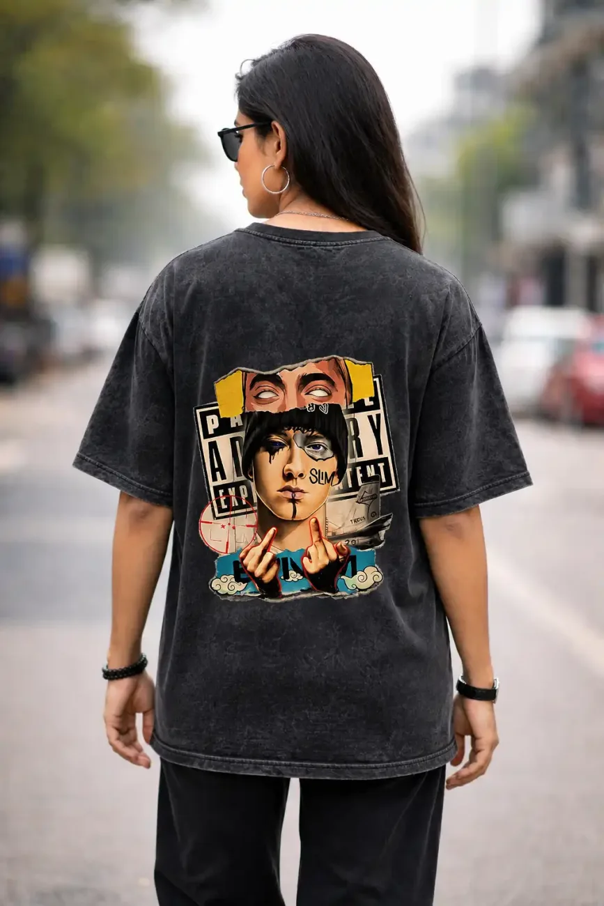 Unisex Oversize Rap Icon Collage Acid Washed T-Shirt