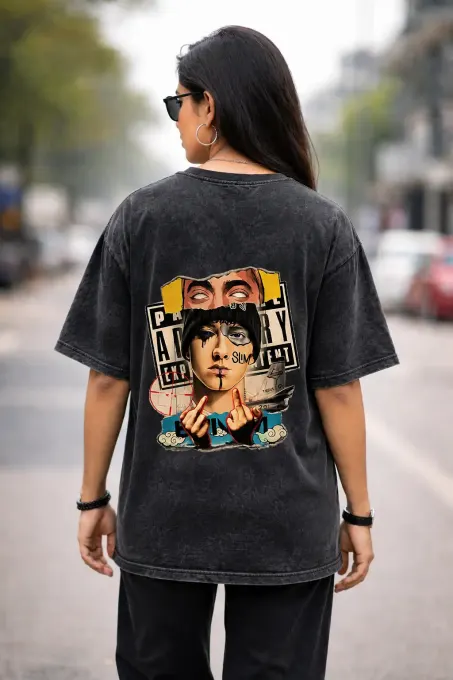 Unisex Oversize Rap Icon Collage Acid Washed T-Shirt