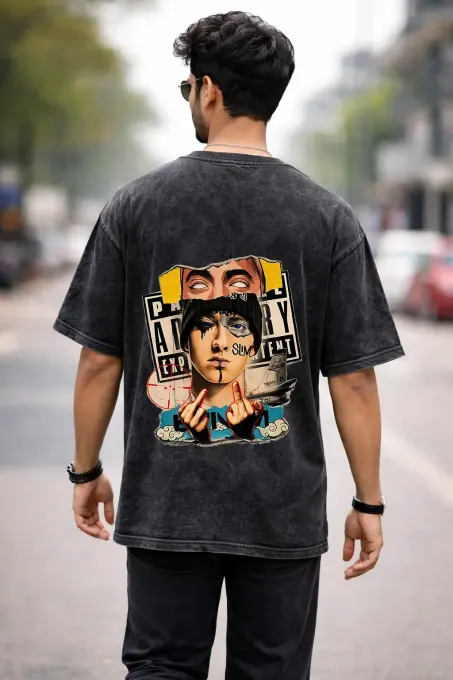 Unisex oversized acid-washed t-shirt with rap icon collage print