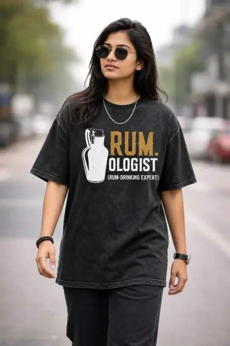 Unisex oversize Rumologist acid-washed t-shirt with visible acid-wash texture and relaxed, dropped-shoulder fit