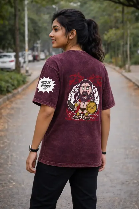 Unisex oversize acid-washed T-shirt featuring a Spartan warrior graphic