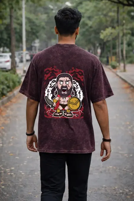 Unisex oversized acid-washed t-shirt featuring a bold Spartan warrior graphic in muted tones
