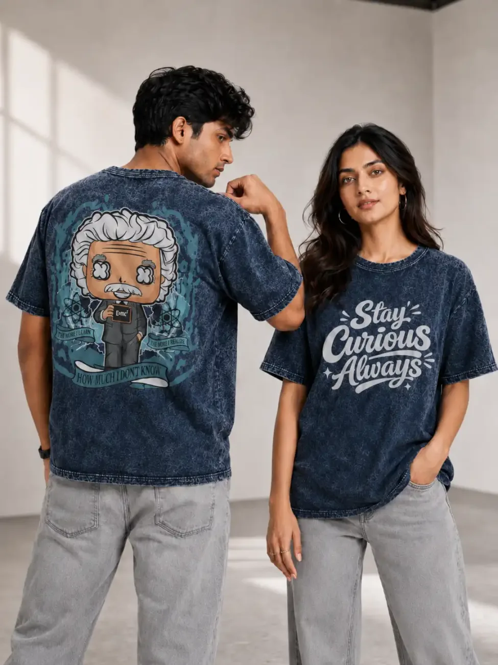 Unisex Oversize Stay Curious Einstein Acid Washed T-Shirt
