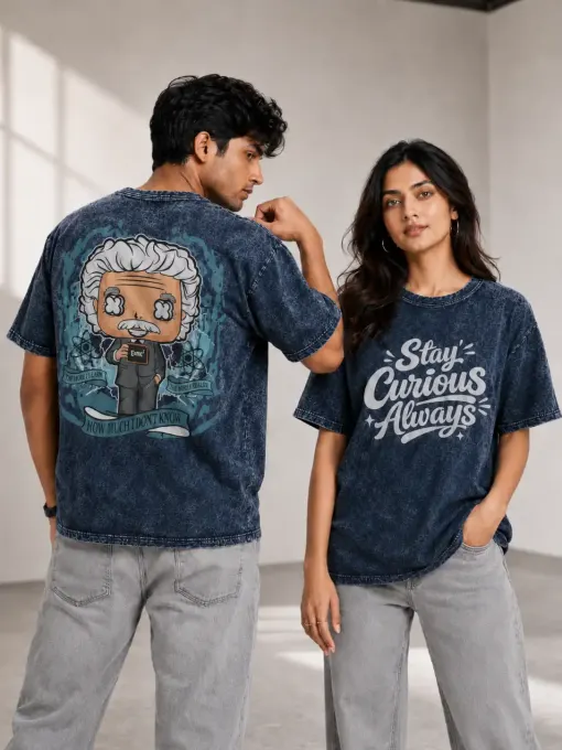 Unisex Oversize Stay Curious Einstein Acid Washed T-Shirt
