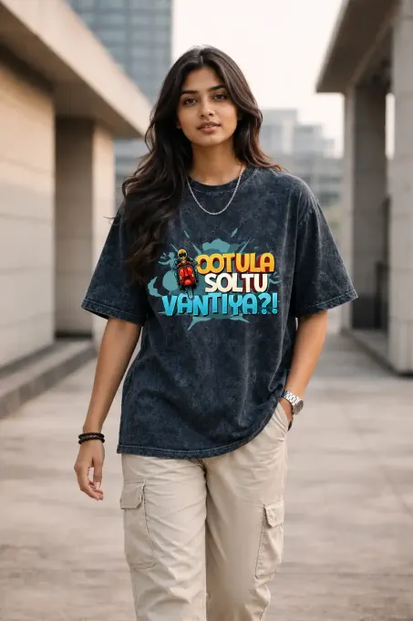 Unisex oversize acid-washed t-shirt with bold Tamil quote on front, relaxed fit premium cotton streetwear.