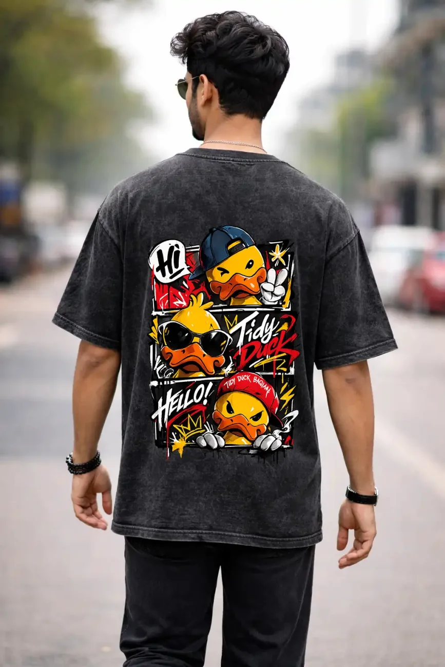 Unisex Oversize Tidy Duck Comic Acid Washed T-Shirt