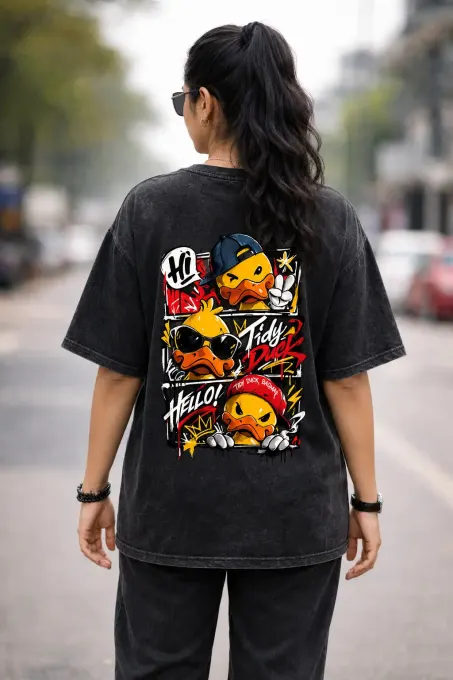 Unisex oversized tidy duck comic print acid-washed t-shirt with relaxed fit