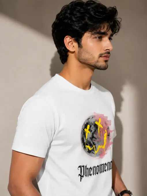 Unisex "Phenomena" crew t-shirt with large graffiti-style moon graphic on front, white cotton tee laid flat