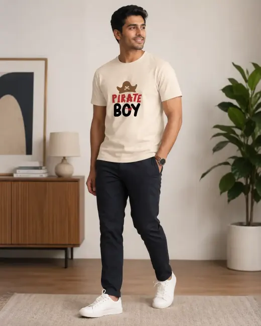 Unisex "Pirate Boy" graphic crew t-shirt — front view showing printed design