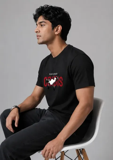 Unisex Classic Crew T-shirt featuring 'Relax & Enjoy Crisis' graphic