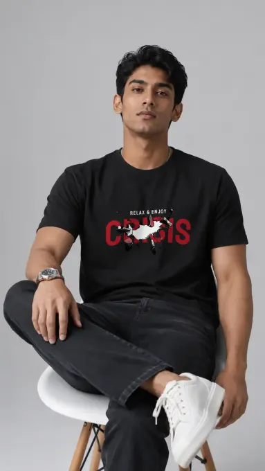 Unisex classic crew neck t-shirt featuring a bold 'Relax & Enjoy Crisis' graphic on the front