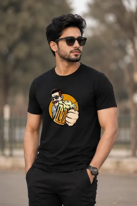 Unisex retro beer graphic crew t-shirt with vintage-style beer label print on front