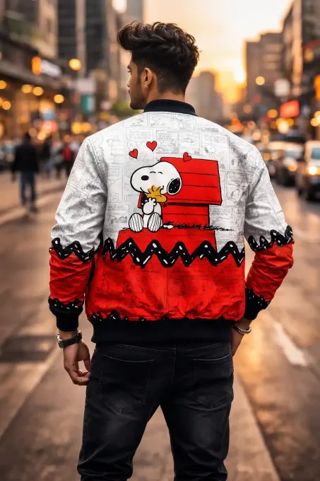 Unisex bomber jacket featuring an all-over retro comic beagle print
