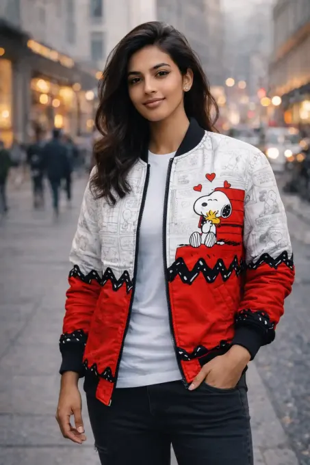 Unisex retro comic beagle all-over-print bomber jacket, front view