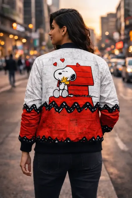 Unisex retro comic beagle all-over-print bomber jacket, front view