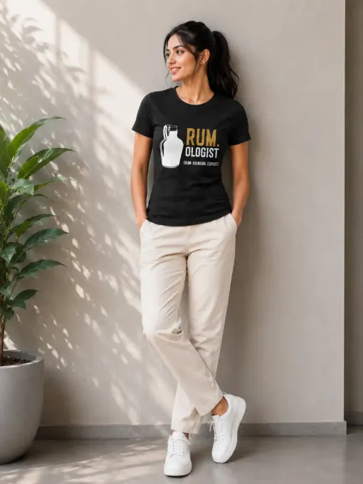 Unisex "Rumologist" graphic crew t-shirt displayed flat, classic crew-neck silhouette
