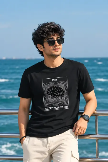 Unisex classic crew t-shirt featuring a central 'Stay Foolish' brain graphic