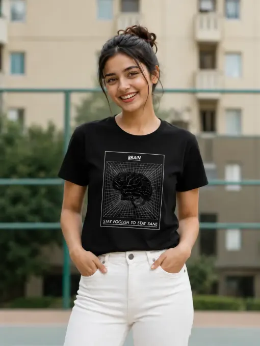Unisex "Stay Foolish" crew t-shirt with brain graphic and text on the front, classic crew neckline.