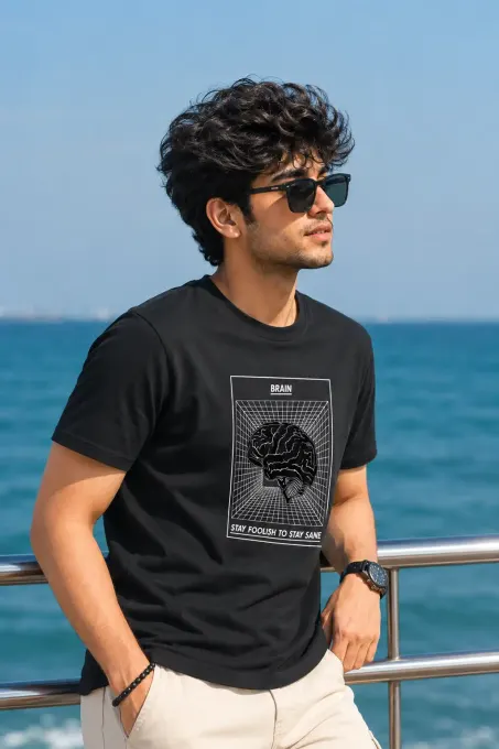 Unisex classic crew t-shirt featuring a brain graphic with 'Stay Foolish' text on the front