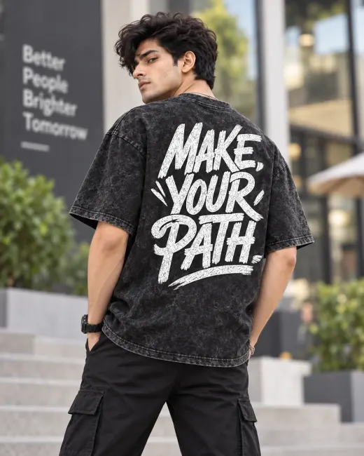 Wander 'Make Your Path' acid wash oversized T-shirt displayed flat, showing front graphic and relaxed silhouette