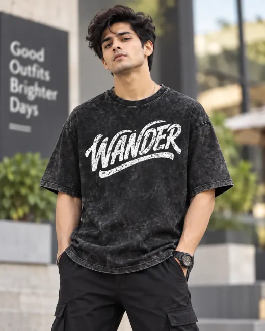 Wander ‘Make Your Path’ acid wash oversized T-shirt — front view showing faded wash and relaxed fit