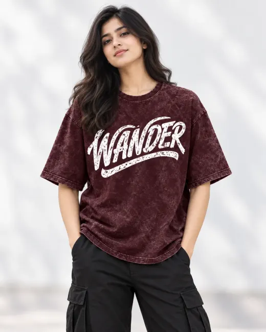 Wander Make Your Path acid-wash oversized T-shirt, front view on neutral background