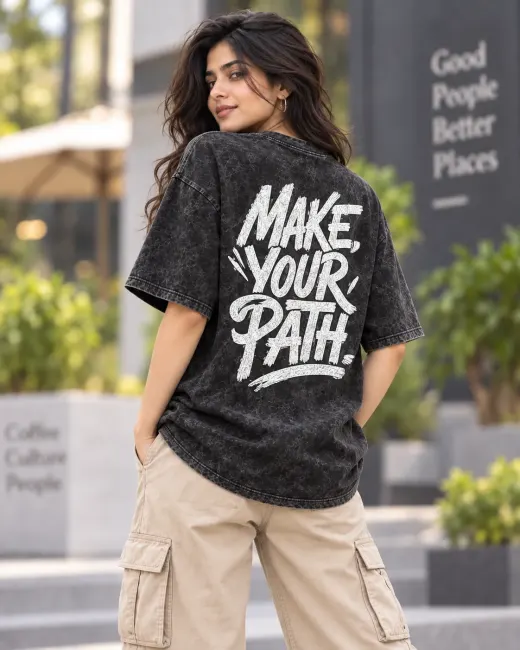 Wander ‘Make Your Path’ acid-wash oversized T-shirt, front view showing relaxed fit and washed texture