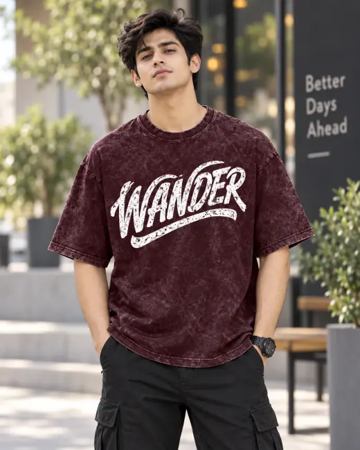 Wander “Make Your Path” acid-wash oversized T-shirt with front graphic, flat lay