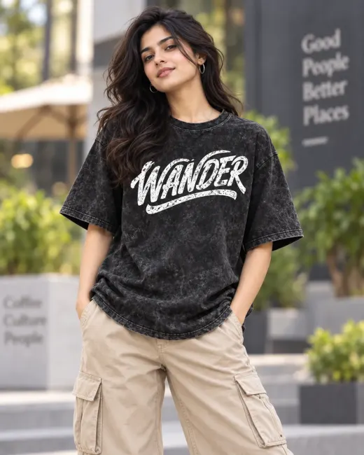 Wander Make Your Path acid-wash oversized T-shirt — front view of unisex oversized tee with textured wash and dropped shoulders