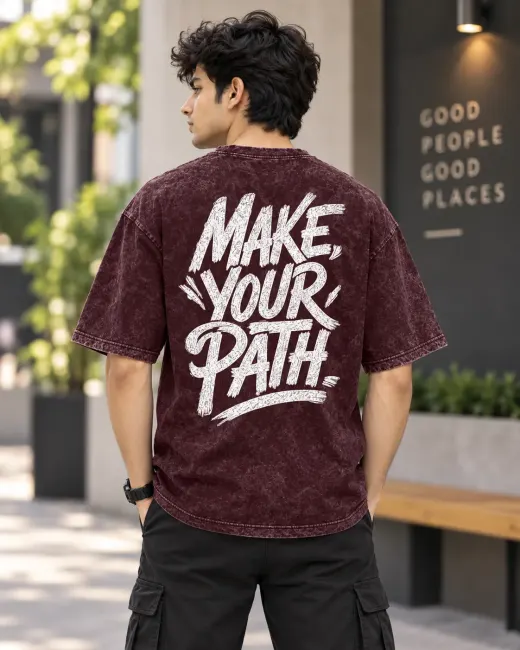 Wander Make Your Path acid-wash oversized t-shirt, front view on neutral background