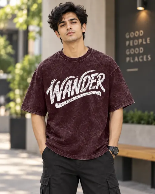 Ruhisen Wander “Make Your Path” acid-wash oversized T-shirt — visible acid-wash pattern and relaxed oversized fit