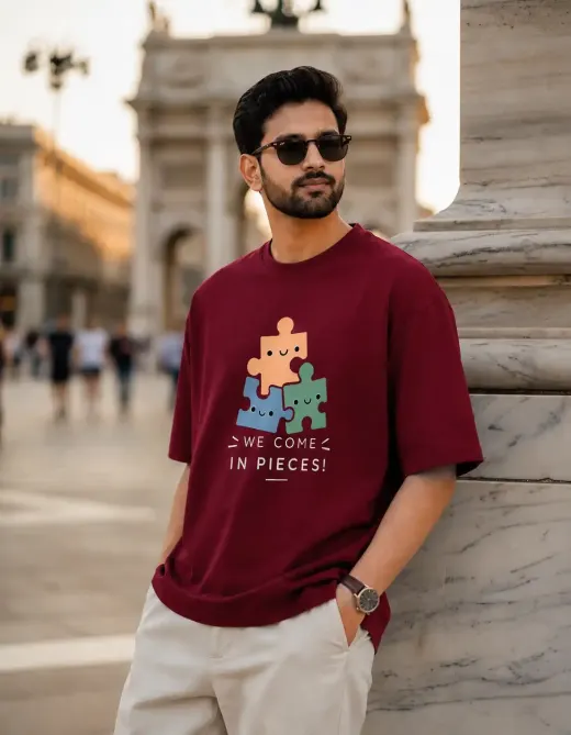 Maroon graphic cotton-stretch t-shirt with 'We Come In Pieces' print