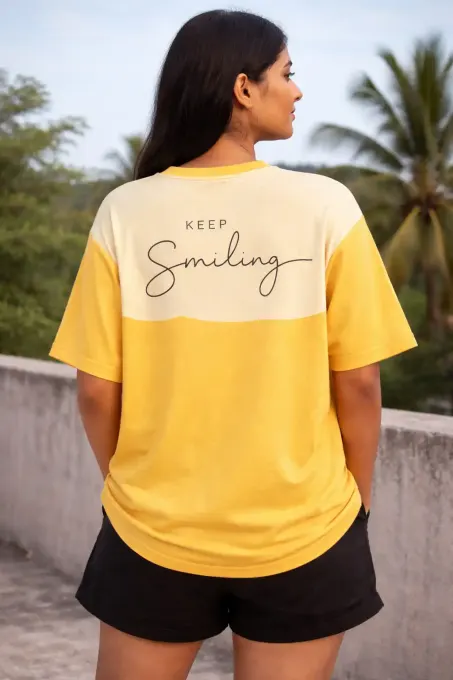 Women’s two-tone AOP t-shirt featuring a ‘Beautiful Smile’ graphic, relaxed oversized fit
