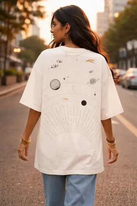 Women’s oversized all-over print t-shirt featuring celestial motifs and affirmation graphic