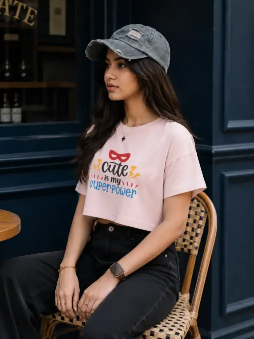 Women’s premium cotton crop top featuring the text ‘Cute Is My Superpower’