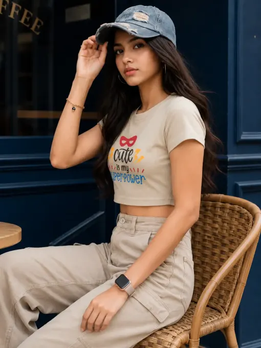 Women's Cute Is My Superpower premium cotton crop top with front graphic, short sleeves and relaxed fit
