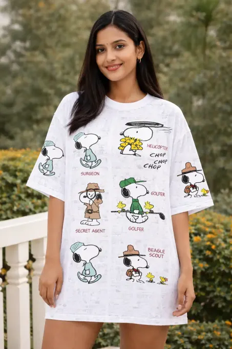 Women's retro cartoon Beagle Personas all-over-print t-shirt with playful beagle illustrations