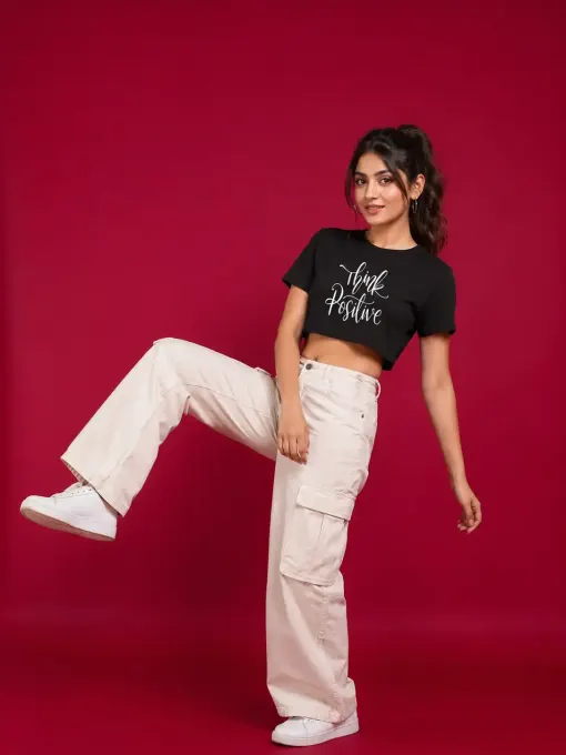 Women's 'Think Positive' premium cotton crop top, front view